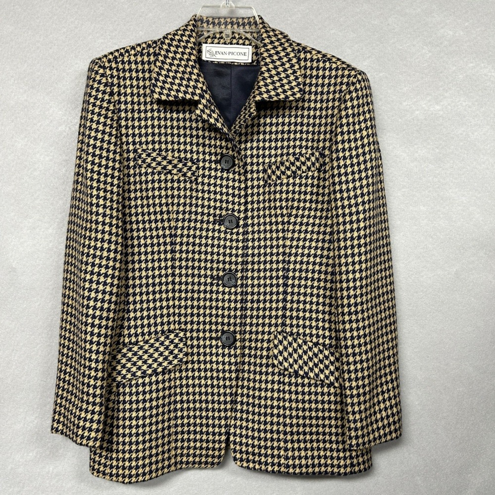 Evan Picone Womens 10 Blazer Tan Houndstooth Dark Academia Equestrian VTG